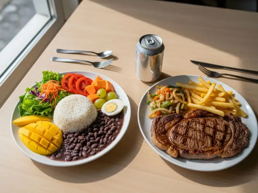 Comparação em mesa de cozinha: prato brasileiro saudável de arroz, feijão, salada e ovo vs prato com carne vermelha e ultraprocessados.