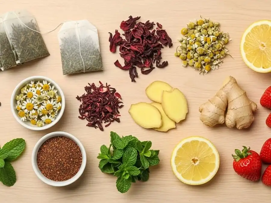 Bancada com chás verde, hibisco, camomila, rooibos, limão, gengibre e hortelã — ingredientes naturais que estimulam colágeno.
