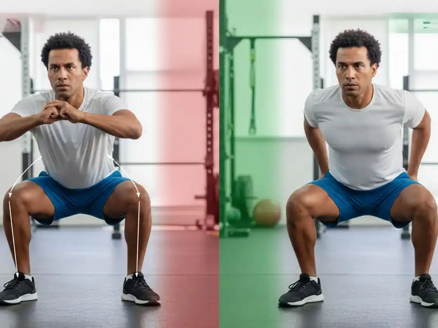 Comparação de agachamento errado (joelhos para dentro) vs correto (joelhos alinhados).