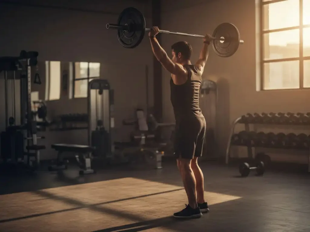 horário para treinar. Pessoa sem rosto levantando peso à tarde, luz natural quente, suor leve, transmitindo força e pico de desempenho.