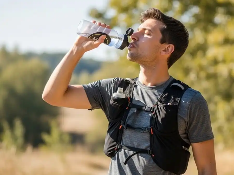 Fotografia realista de um atleta bebendo água durante uma pausa em uma trilha, com cenário natural ao fundo, sob iluminação clara e natural.