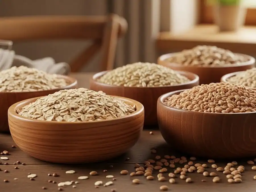 Variedade de grãos integrais como aveia, arroz integral, quinoa e trigo em tigelas de madeira, representando opções saudáveis para a saúde cardiovascular.