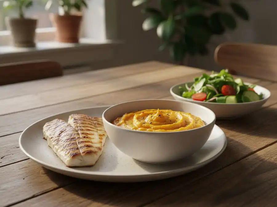 Fotografia realista de um prato com purê de batata-doce, salada verde e peixe grelhado em uma mesa rústica, sob iluminação natural e quente.