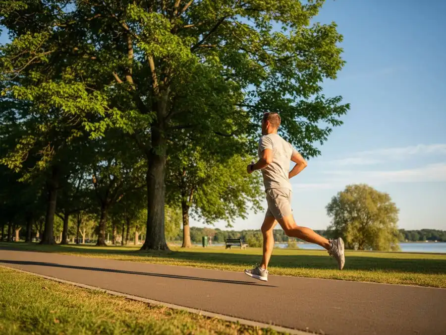Fotografia realista de uma pessoa correndo com leveza em um parque, com árvores verdes e céu ao fundo, sob iluminação natural quente.
