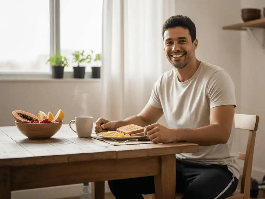 Consumo Excessivo de Proteína. Pessoa sorrindo com energia tomando café da manhã equilibrado, simbolizando saúde renal, hepática e geral com moderação proteica.