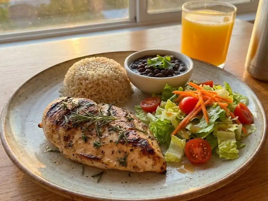 alimentação pré e pós-treino. Prato completo e saudável pós-treino: frango, arroz, feijão e salada.