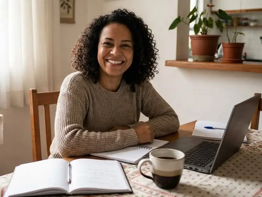 Pessoa sorrindo com clareza mental e energia, trabalhando ou lendo, simbolizando benefícios da vitamina B12 para foco e produtividade.