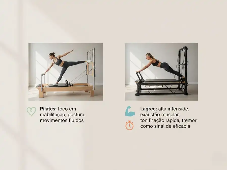 Infográfico comparativo entre Método Lagree (alta intensidade, tremor muscular) e Pilates tradicional (reabilitação, movimentos suaves), com fotos reais de equipamentos e praticantes.