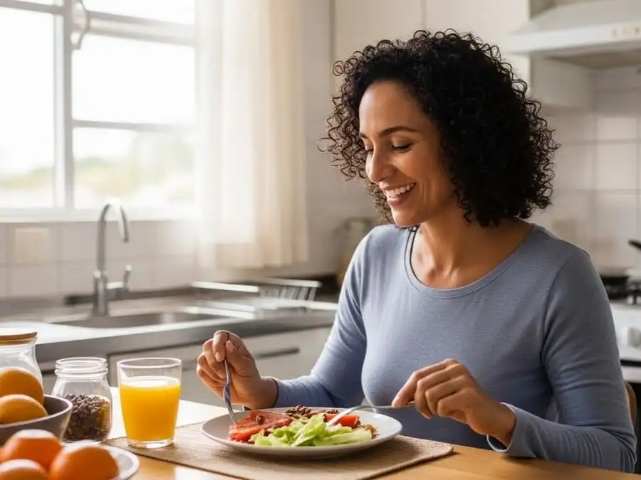 Pessoa sorrindo com energia e clareza após café da manhã equilibrado segundo Harvard, luz natural da manhã.”