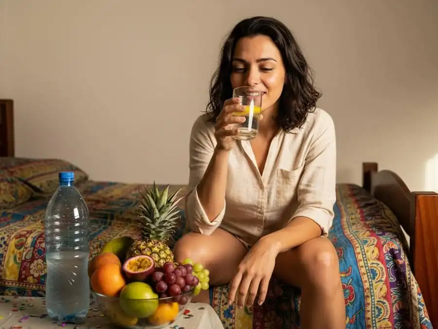 Pessoa recuperada após ressaca bebendo água com limão, expressão de bem-estar, luz natural do fim de tarde.