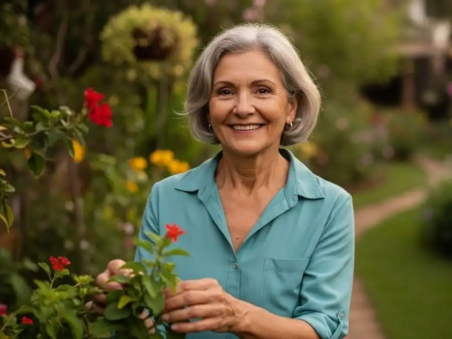 Pessoa idosa com vitalidade e clareza mental em jardim brasileiro, simbolizando envelhecimento saudável e potencial neuroproteção da própolis verde.