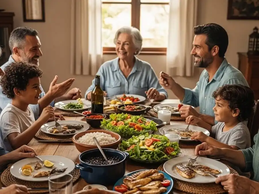 Família multigeracional almoçando refeição saudável e colorida, transmitindo união, prazer e longevidade através da alimentação.