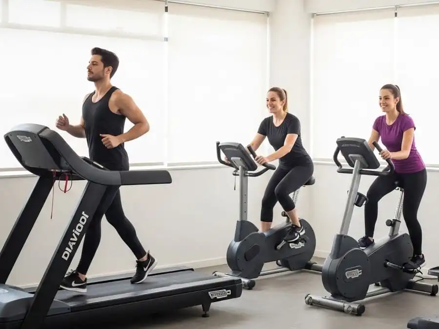 Pessoa com energia e sorriso após treino variado em esteira, bike e elíptico, luz natural suave, simbolizando escolha inteligente e saúde articular preservada.