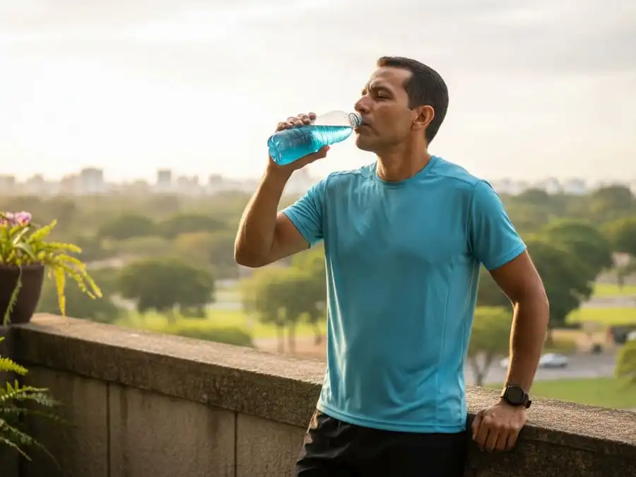 Pessoa recuperada após corrida no calor, bebendo água na sombra, luz natural do fim de tarde, simbolizando estratégias para treinar com segurança.