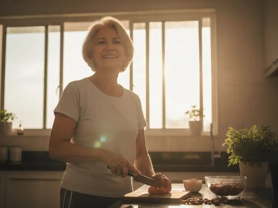 Pessoa acima de 50 anos com vitalidade e energia, caminhando ou preparando alimento saudável, simbolizando envelhecimento ativo com proteína de alto valor biológico.