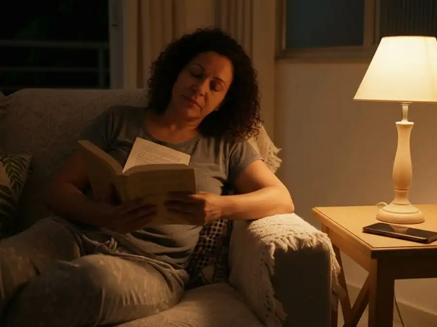 Proteger a visão. Pessoa relaxando à noite sem telas, lendo ou descansando, simbolizando desconexão digital e recuperação ocular.