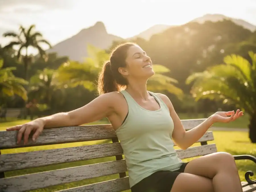 Pessoa com energia e sorriso após treino cardio ao ar livre, respirando fundo em parque ou praia, luz dourada do fim de tarde, simbolizando bem-estar e transformação real.