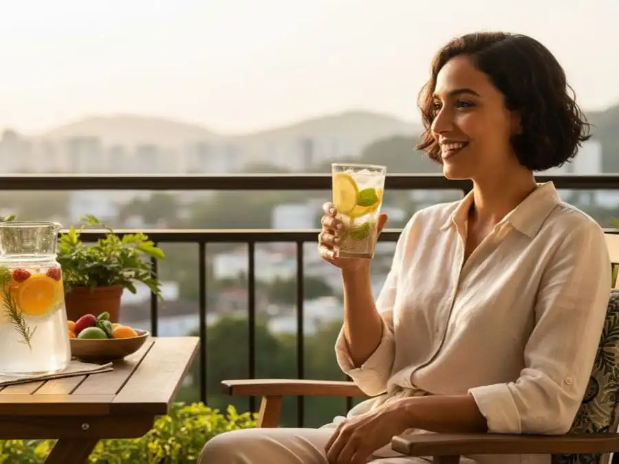 Pessoa relaxada bebendo água com gás aromatizada, jarra com frutas e ervas ao lado, luz natural, simbolizando estilo de vida saudável.