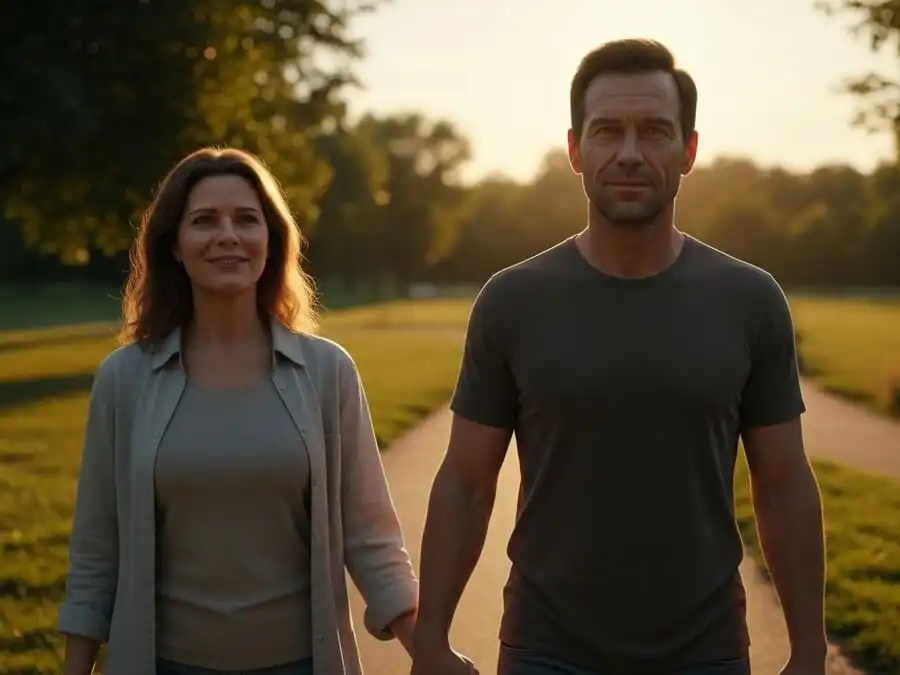 Casal caminhando de mãos dadas no parque ao pôr do sol, simbolizando saúde mental positiva e equilíbrio na vida sexual