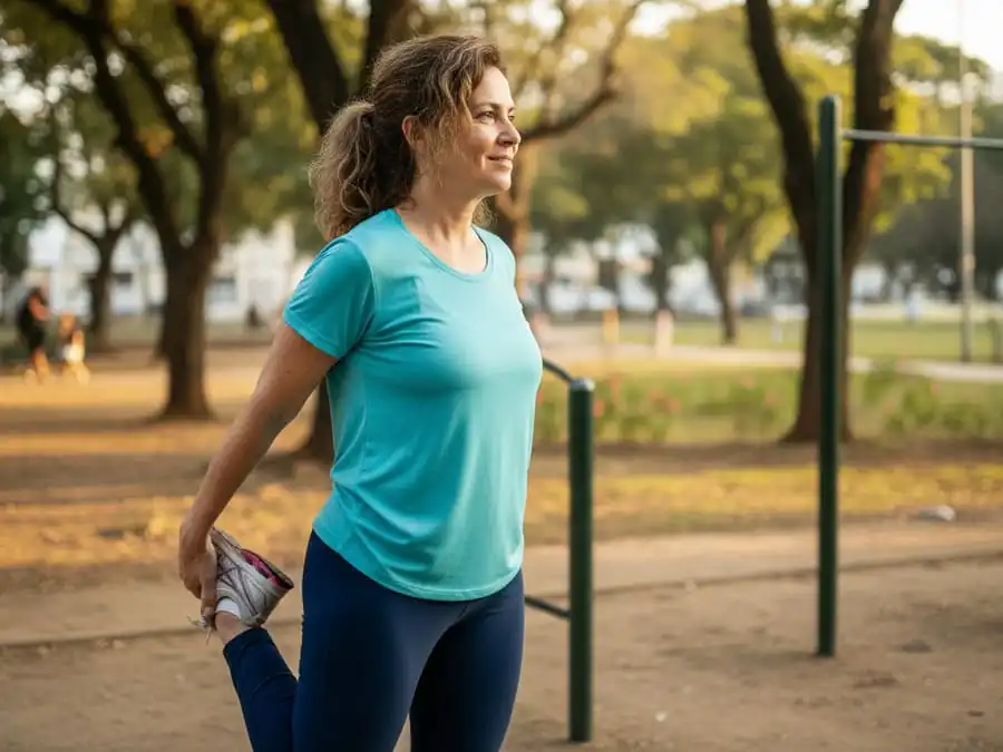 Pessoa acima de 40 anos treinando de forma moderada e confiante, luz natural, simbolizando retorno seguro e sustentável após o Carnaval.