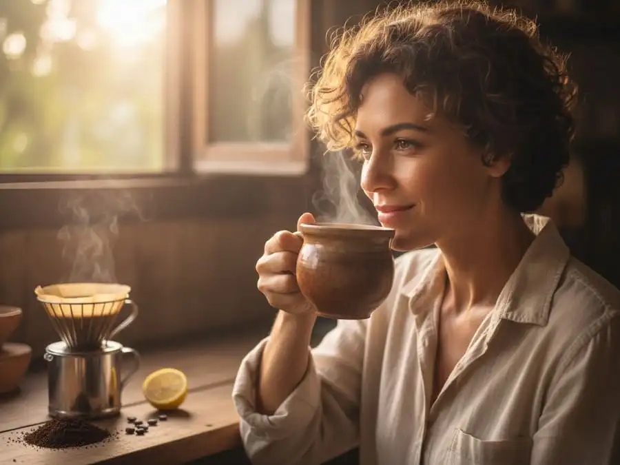 Pessoa tomando café coado com prazer e serenidade na varanda, luz natural, simbolizando benefícios à saúde do preparo filtrado.