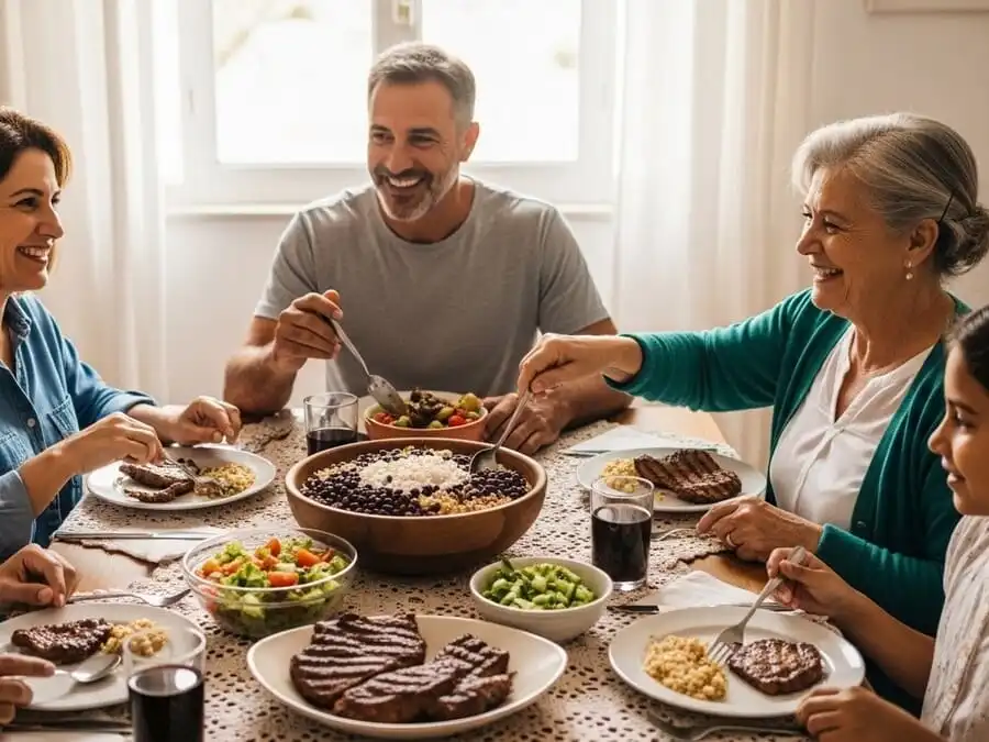 Família brasileira reunida almoçando arroz e feijão com salada, transmitindo saúde, união e prazer na alimentação caseira.