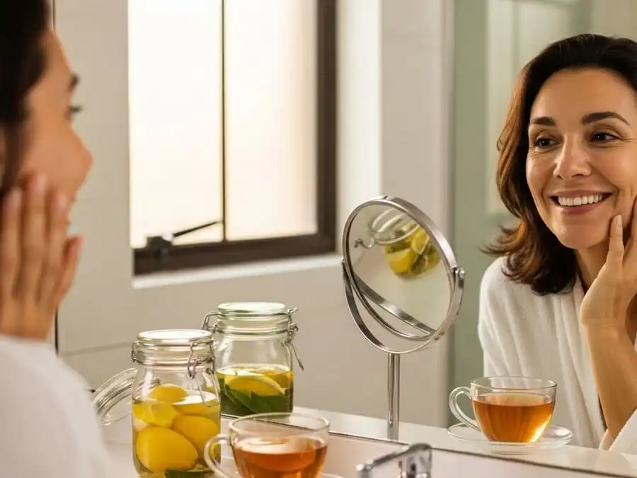 Mulher sorrindo ao espelho com pele viçosa e firme, xícara de chá ao lado, simbolizando benefícios do chá para colágeno.