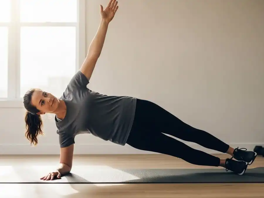 Pessoa fortalecendo core e glúteos com prancha lateral para prevenir dores no joelho.