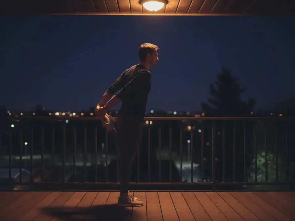 horário para treinar. Pessoa de costas fazendo alongamento leve à noite, iluminação de postes, céu escuro, transmitindo alívio e bem-estar pós-treino.