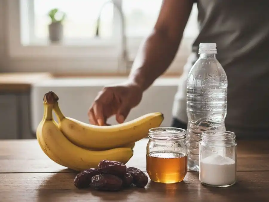 Opções simples e naturais de carboidrato para treino: banana, tâmaras e mel, mostrando alternativas acessíveis.