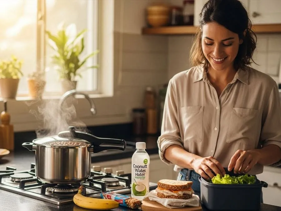 Mulher preparando lanches e hidratação para curtir o bloco de Carnaval com saúde.