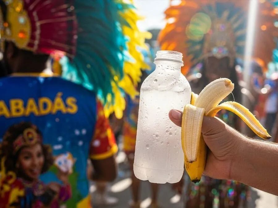 Água de coco e banana na mão durante bloco de Carnaval para manter energia e hidratação.