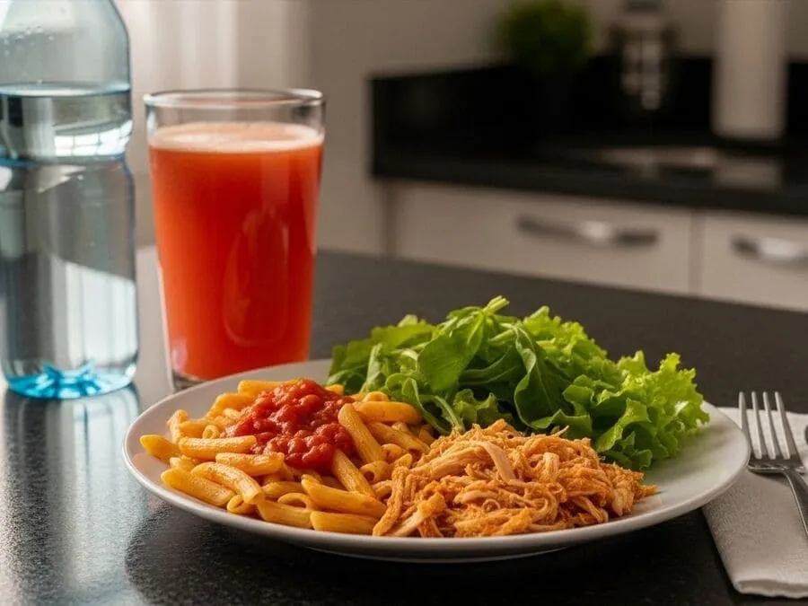 Prato de recuperação pós-Carnaval: macarrão com frango, salada e suco natural.