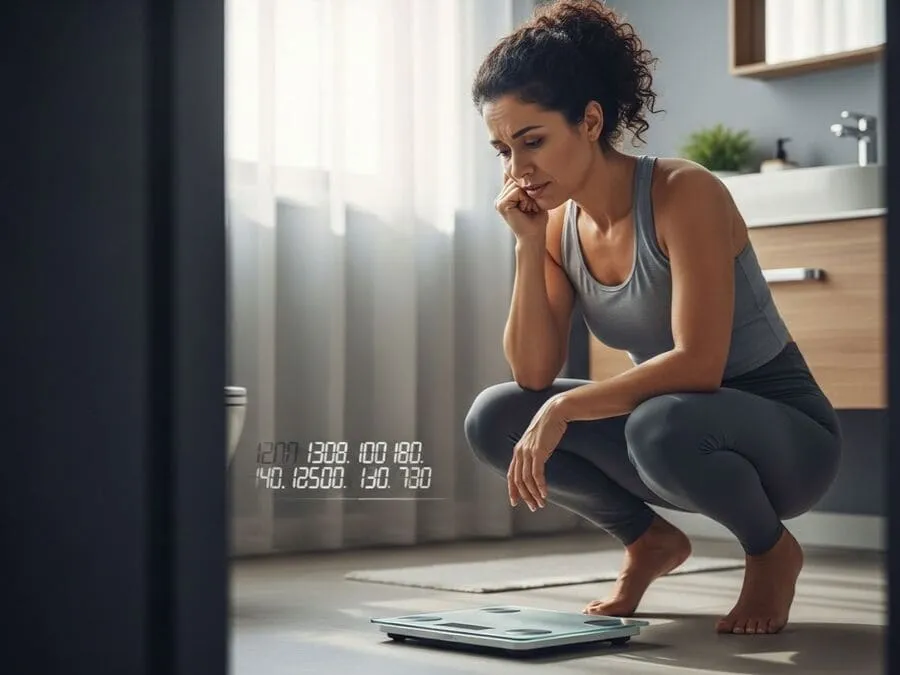 Foto de uma mulher adulta olhando para uma balança com expressão de frustração, representando o efeito sanfona em mulheres.