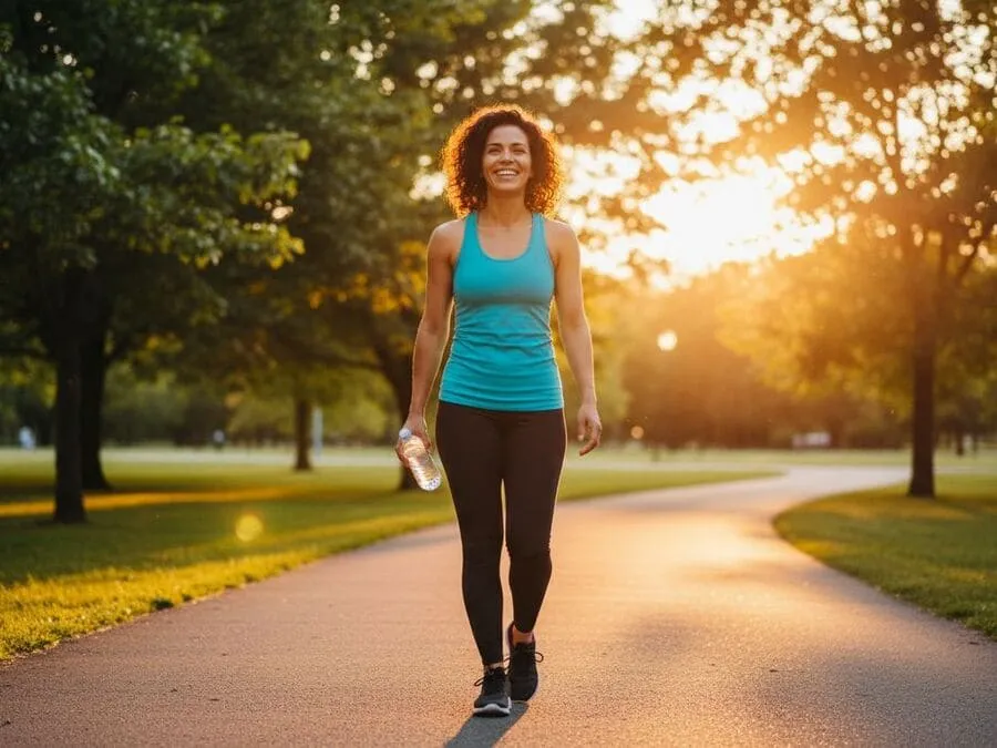 Foto de uma mulher sorridente caminhando ao ar livre, simbolizando a superação do efeito sanfona e o cuidado com o metabolismo.