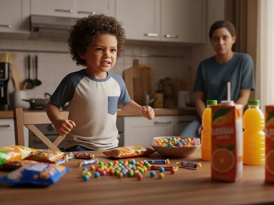Foto de uma criança hiperativa em cozinha com doces e sucos coloridos artificiais, ilustrando impactos de corantes na saúde infantil.