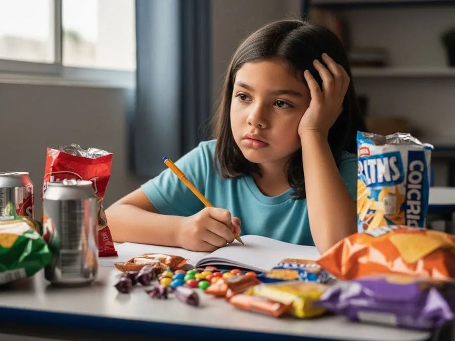 Imagem de uma criança distraída estudando, com lanches coloridos artificiais ao redor, representando efeitos de corantes no cérebro infantil.