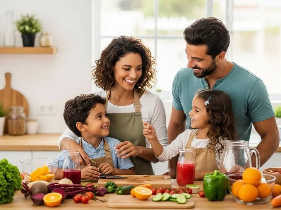 Foto de uma família sorridente cozinhando com ingredientes naturais, simbolizando proteção contra corantes artificiais.