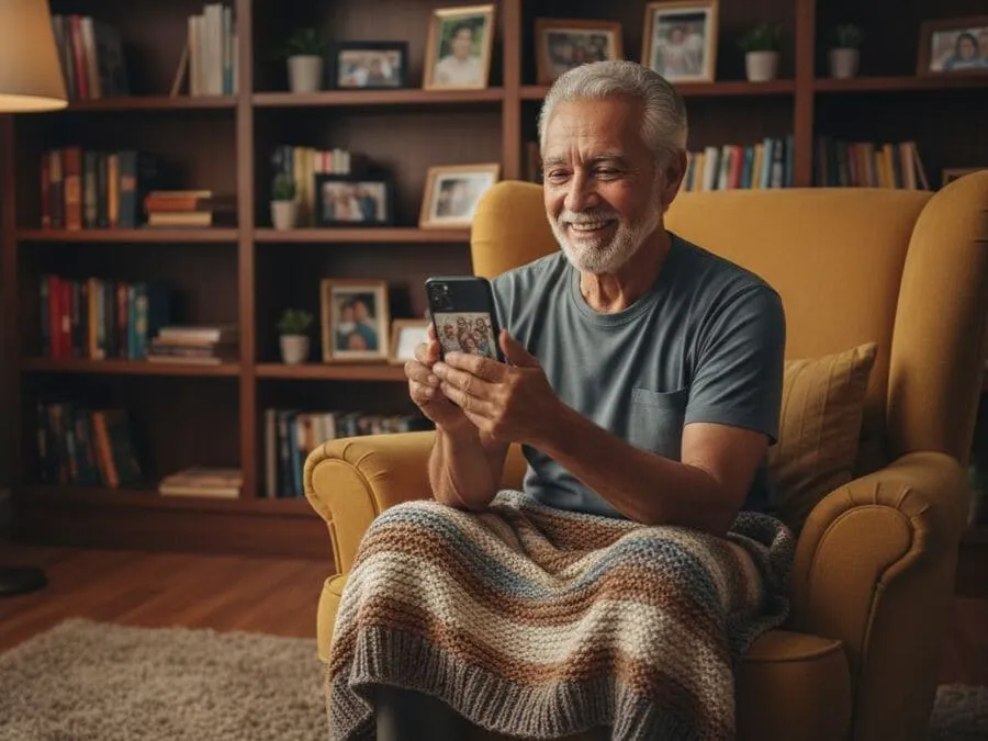 Idoso conectado usando smartphone em casa com expressão feliz.