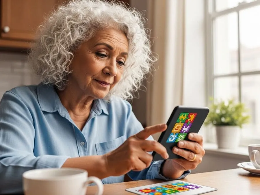 idosos conectados - Pessoa idosa exercitando a cognição com jogo no smartphone.