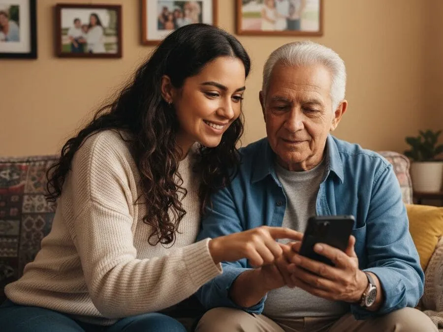 Familiar jovem ajudando pessoa idosa a usar o celular.