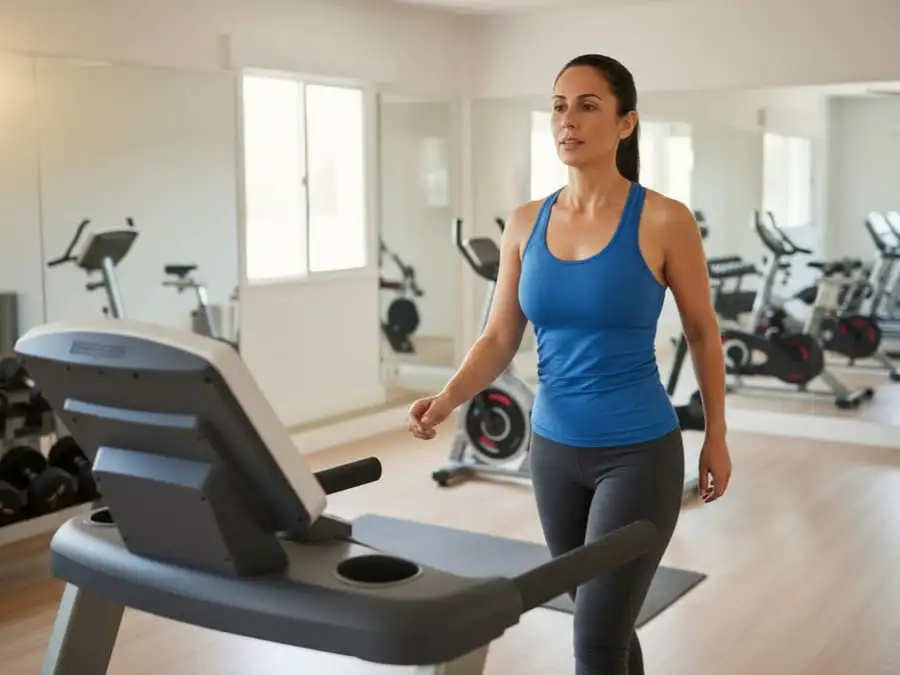 Foto de uma mulher com postura ereta e respiração controlada durante exercício na esteira, ilustrando o truque de alinhamento corporal e ventilação.