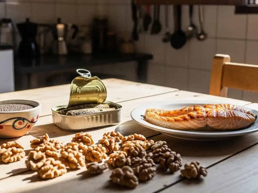 Mesa brasileira com salmão, sardinha, chia e nozes, luz natural da manhã, simbolizando fontes alimentares ricas em ômega-3 e consumo insuficiente comum.
