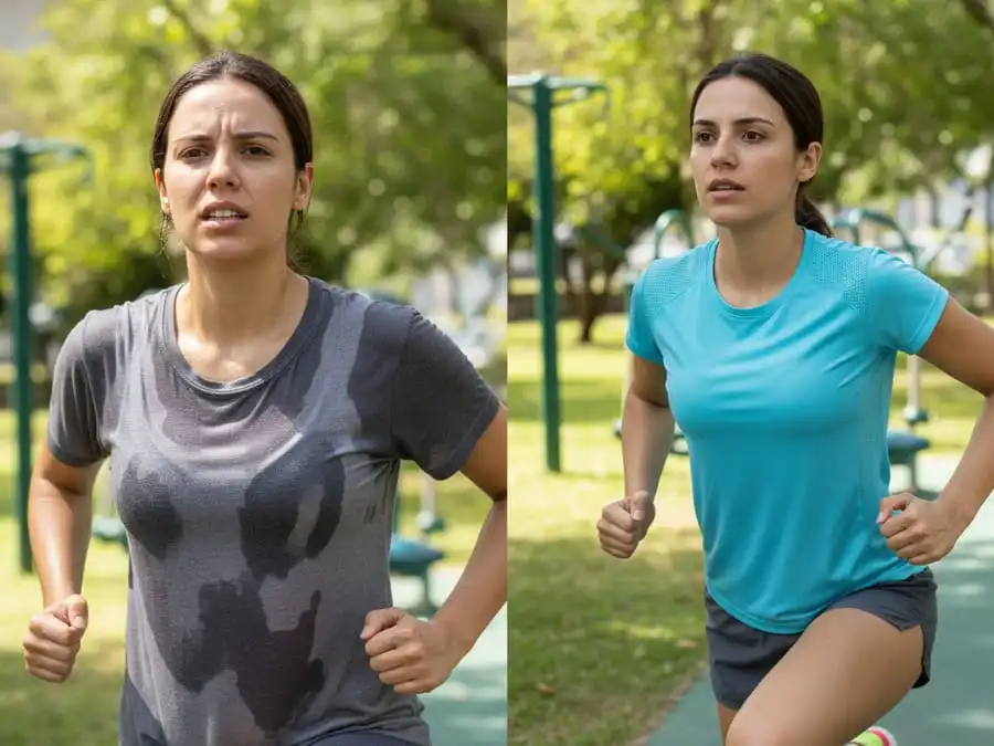 Comparação antes e depois: treino desconfortável com algodão encharcado vs confortável com tecido respirável, luz natural, simbolizando diferença no desempenho físico.