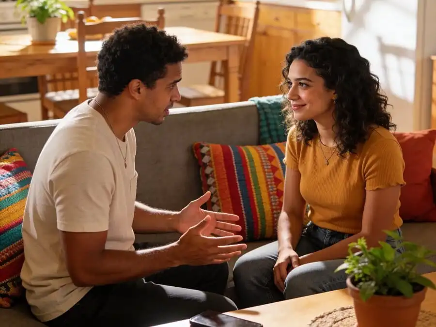 Duas pessoas em conversa íntima, uma escutando com atenção plena e empatia, luz natural suave de cozinha brasileira, simbolizando conexão emocional profunda.