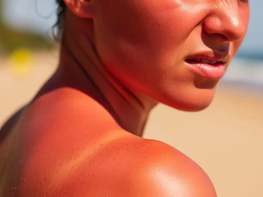 Pele vermelha e queimada de sol em ombros, luz natural intensa, simbolizando urgência de cuidados após exposição excessiva.