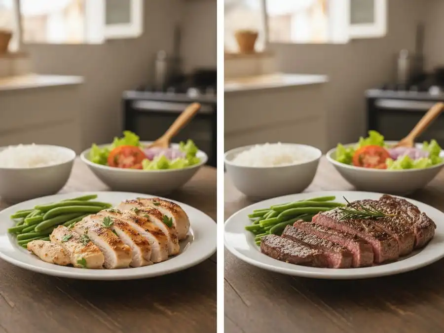 Comparação lado a lado: peito de frango grelhado vs bife magro grelhado na mesa brasileira, luz natural suave, simbolizando dúvida comum e comparação real entre as duas proteínas.