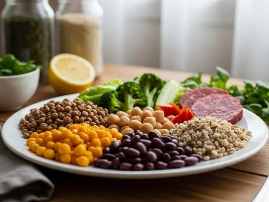 Prato brasileiro equilibrado com leguminosas, vegetais e pouco proteína animal, luz natural suave de cozinha, simbolizando dieta que ativa termogênese e gordura bege.