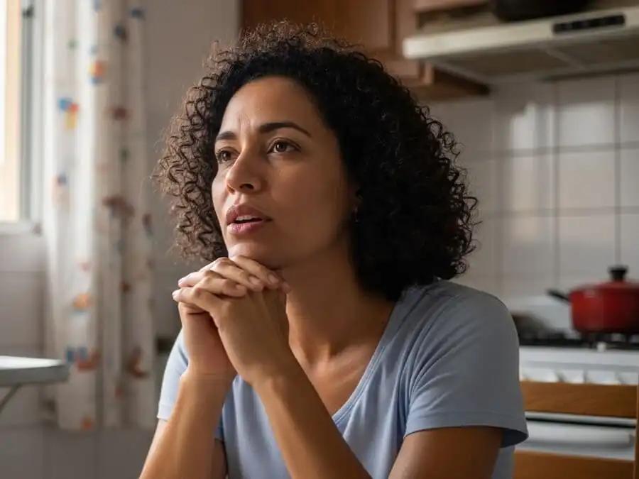Pessoa em momento de reflexão falando sozinha com expressão serena, cozinha ou sala brasileira simples, luz natural suave, simbolizando autoconversa saudável e inteligente.
