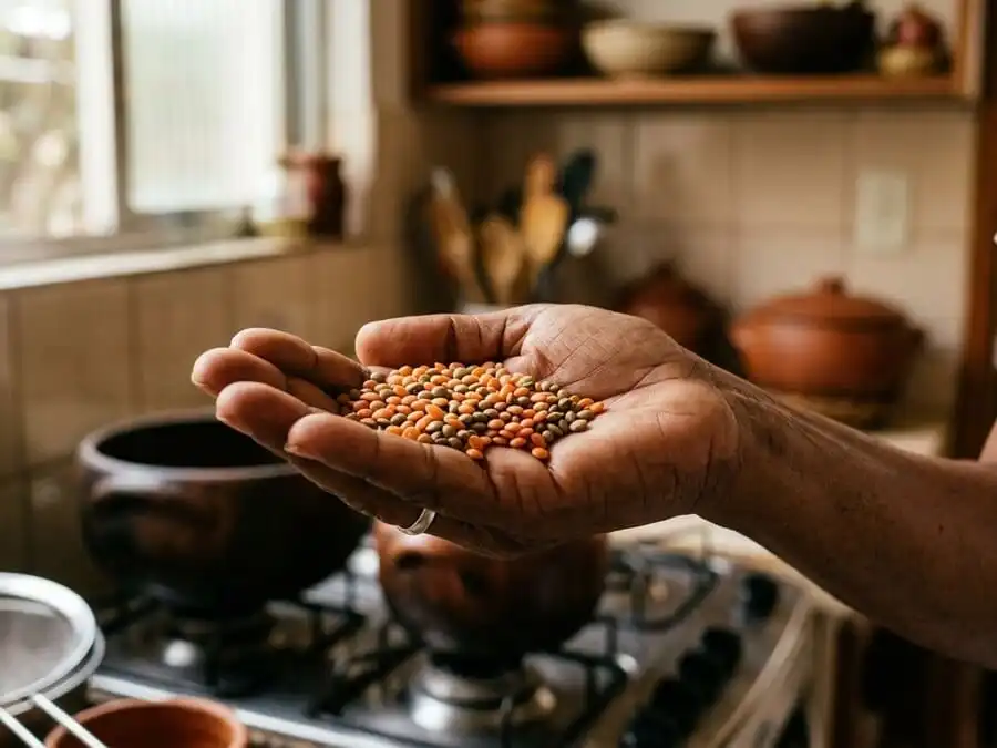Mão segurando punhado de lentilhas secas (vermelhas e verdes), luz natural suave de cozinha brasileira, simbolizando superalimento acessível e poderoso.